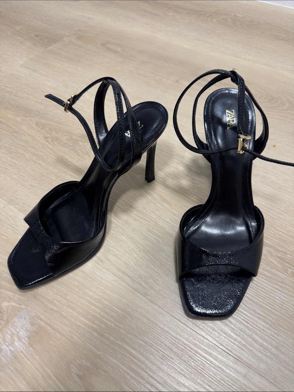 Zara Black Strappy Square-Toe Stiletto Sandals